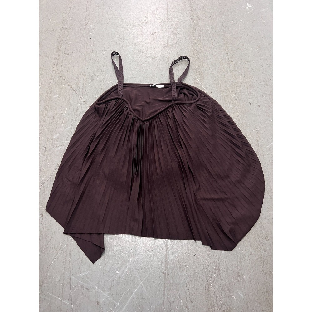 Zara Top Womens Small Brown Pleated Asymmetrical Hem Sleeveless‎ Blouse Preppy